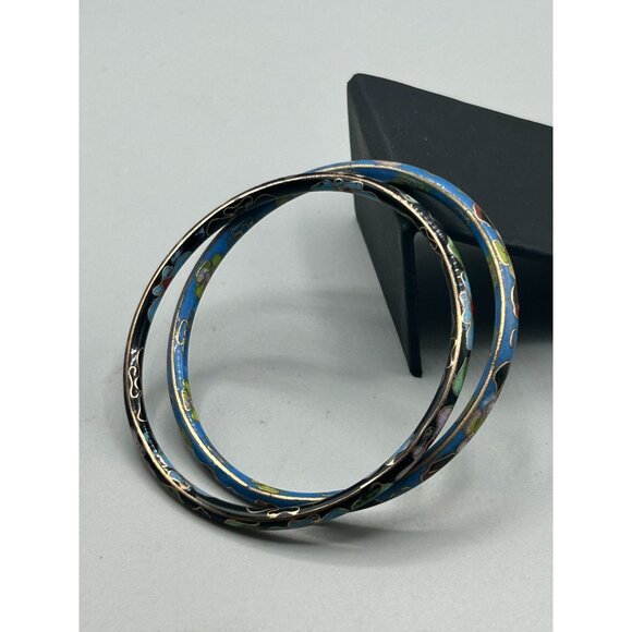 Thin Cloisonne Bangles Bracelets Black and Blue Color Enamel Oriental Jewelry - Picture 5 of 7